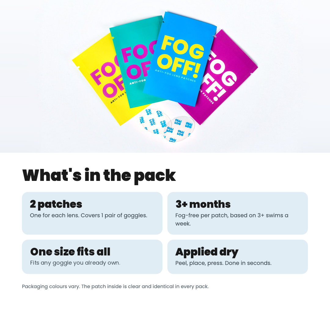 FOG OFF! anti-fog patch packs with two clear patches for one pair of swim goggles